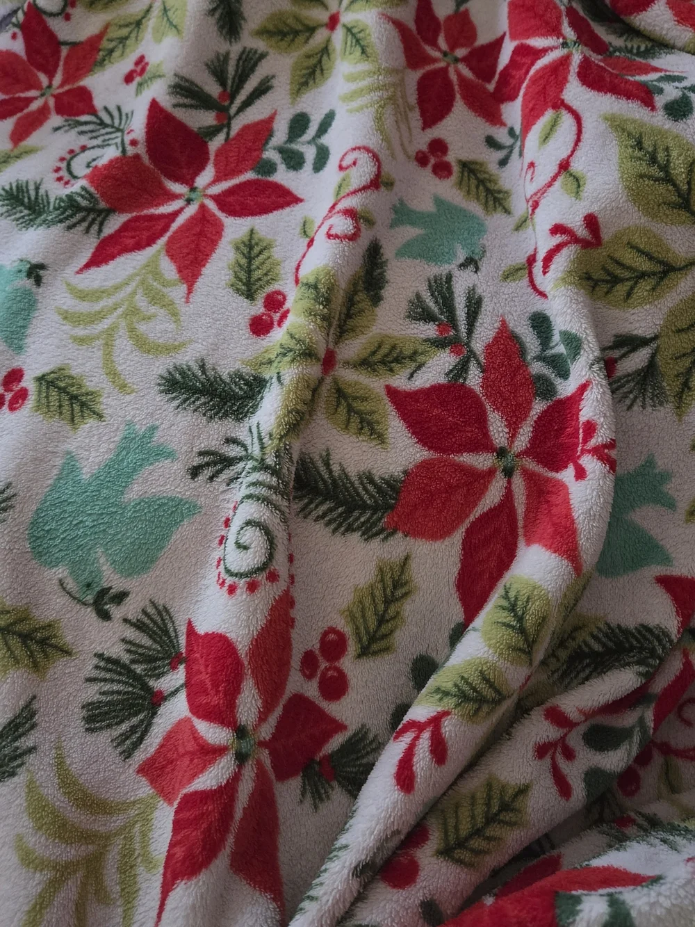 Holiday Poinsettia Plush Throw Blanket - Red, Green & Aqua 52x68